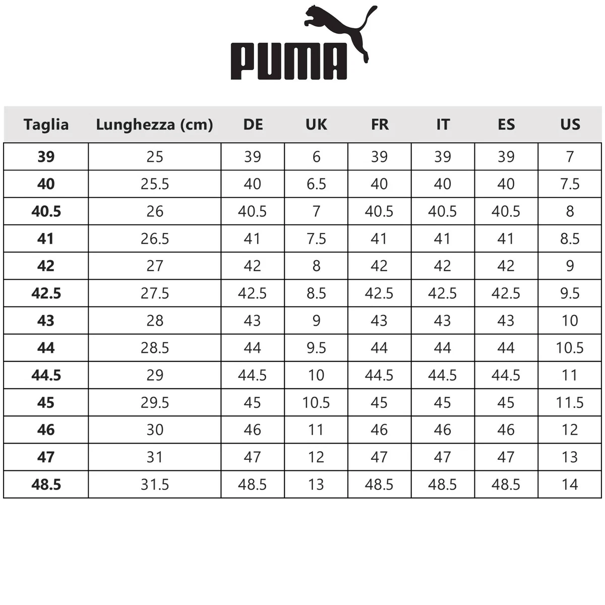 Puma children's shoe size chart cheap
