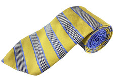 TOMMY HILFIGER Men's Gold Blue Geometric Stripe Designer Imported Silk Tie USA 