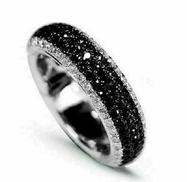 1.85 Cts Round White Black Moissanite Wedding Band In Solid 925 Sterling Silver