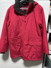 Lands End Winter Parka Coat Red Hooded Fleece Lined Large 14/16  Polar Tech Nice