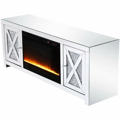 Elegant Decor Modern 2 Door 59" Clear Silver Mirrored Crystal Fireplace TV Stand - Picture 4 of 10