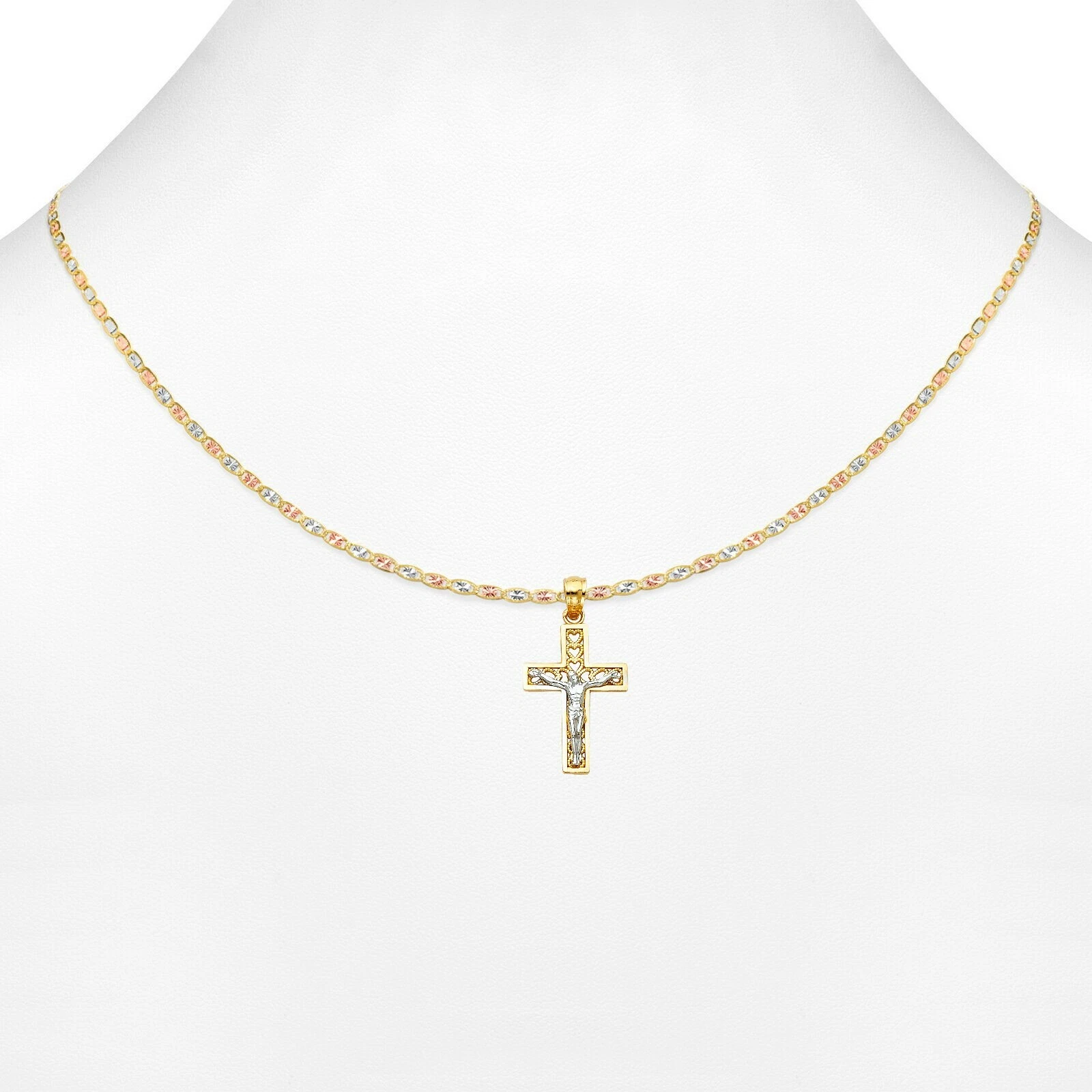 Ciondolo in oro giallo bianco 14 kt con croce di Gesù Milgrain catena Valentino