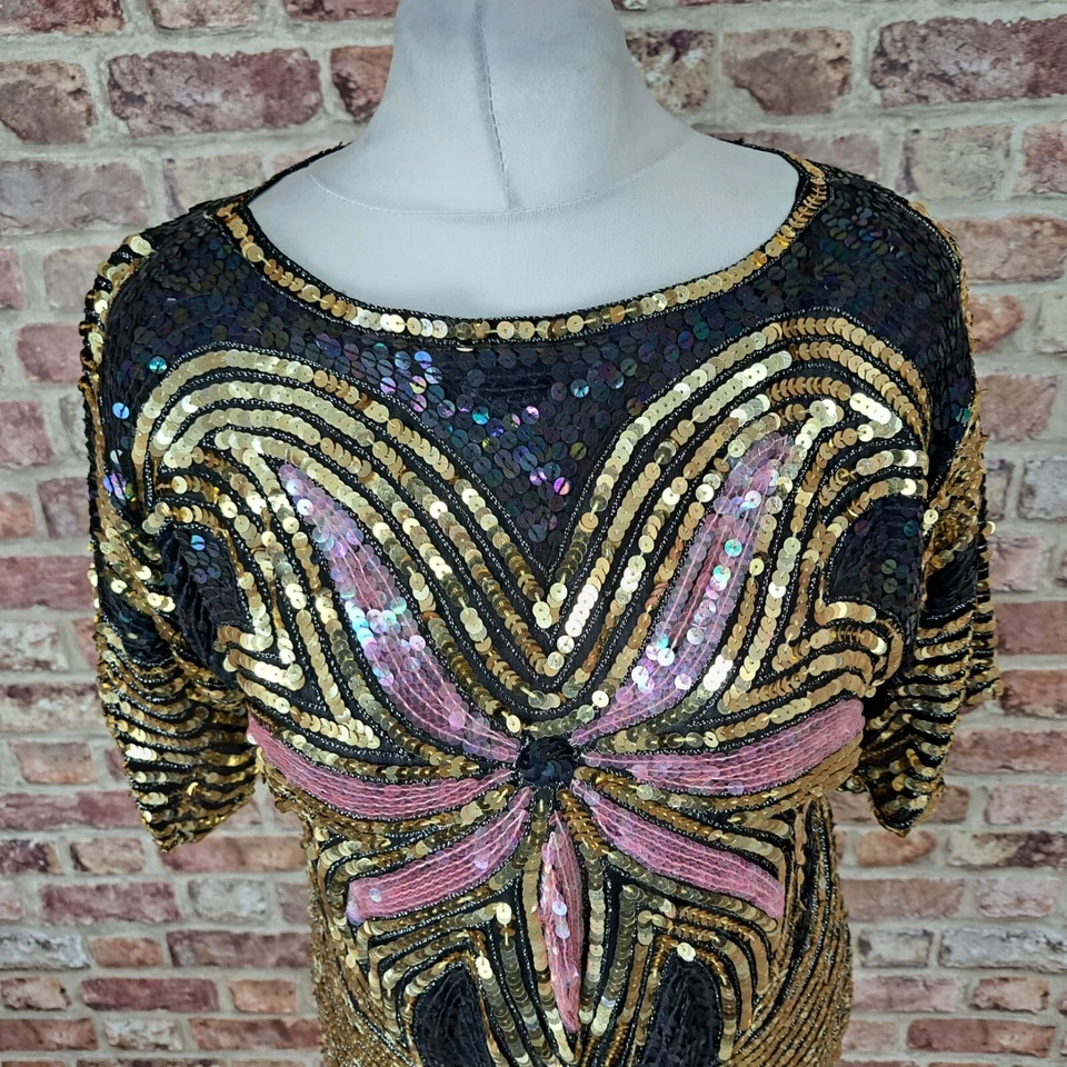 Jewel Queen Sequin Silk Blouse Top Size Small Black Gold Pink Flower Vintage - Image 2 of 4