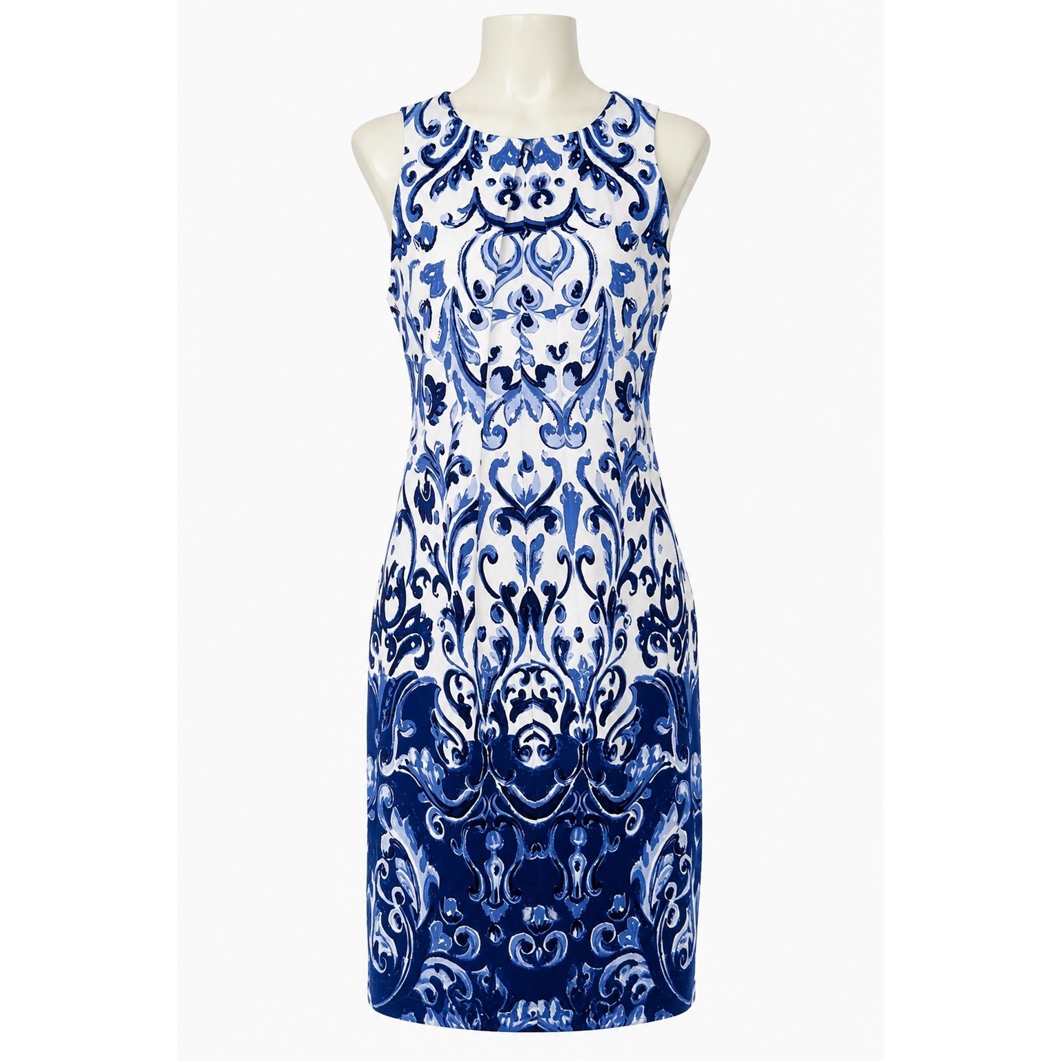 Lauren Ralph Lauren Dress Womens 2 Blue White Damask Scroll Print Sleeveless Zip