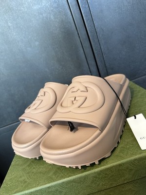 Gucci Damen Plateau-Sliders ineinandergreifende GG camelbraun Größe 9UK/EU42