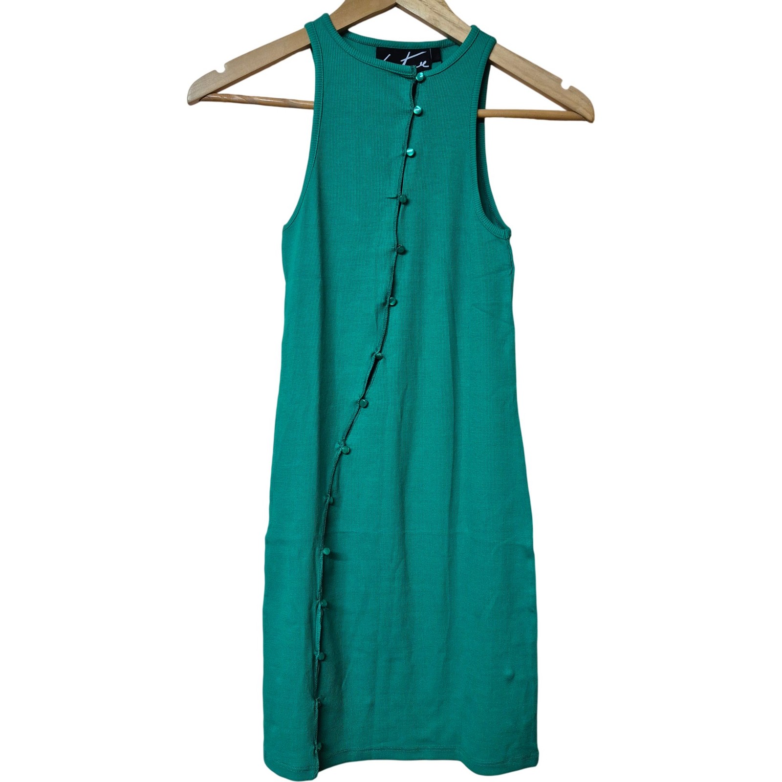 Mini vestido verde para mujer Couture Club Reino Unido 10 botones delanteros sin mangas mezcla de algodón