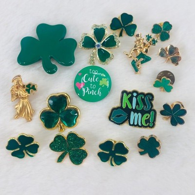 St Patricks Day Lucky Irish Shamrock Green Lapel Pin Lot - Kiss Me, Avon