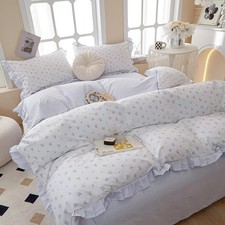 Aesthetic Blue Floral Duvet Cover with Ruffle Full 100 Cotton, Teen Girls