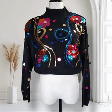 Vintage 80s Sequin Silk Angora Crop Sweater NOS Mock Neck Wearable Art L