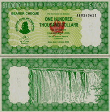 ZIMBABWE 100,000 Dollars P32 2006 x 1 Pcs UNC Bearer Cheque Zimbabwean BANK NOTE