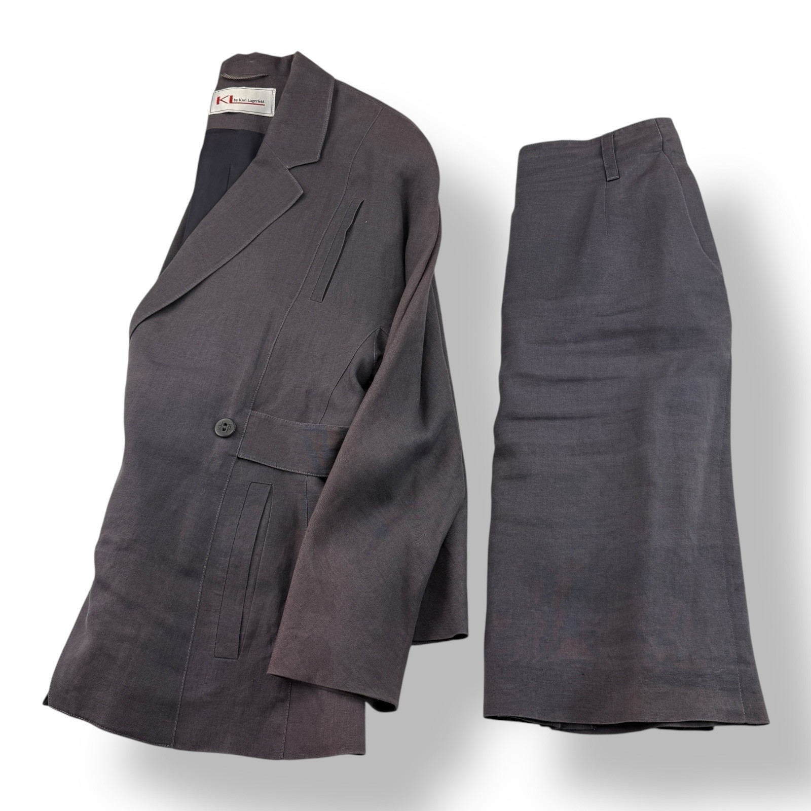 KL by Karl Lagerfeld Gray Linen Double Breasted Blazer & Skirt Set Size 10