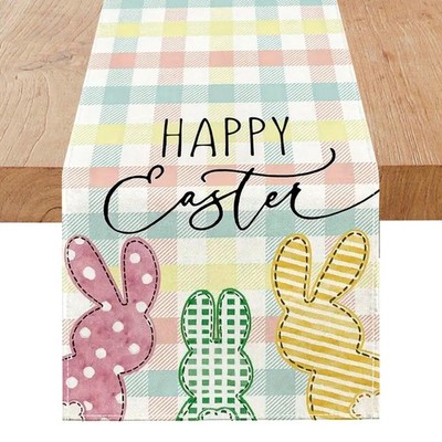 Buffalo Plaid Rabbit Bunny Happy Easter Table Runner, Check Stripes Kitchen T...