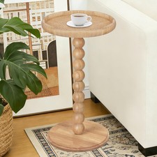 Drink Table, Boho Rattan Small Round Side Table for Small Spaces, Solid Wood ...