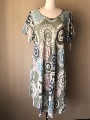 NWT Italy Moda Sage Green Lagenlook Tie-dye Mandala Print Swing Tunic Dress L