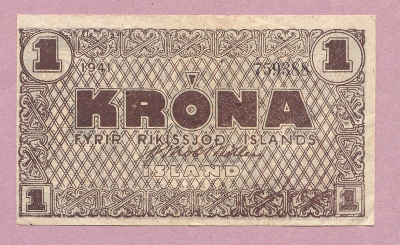 Iceland, 1941 (1945) 1 Krona Emergency WWII Issue, P-22f, Nice VF