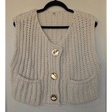 Chunky Knit Button Front Vest Cream Size M Cottage Cozy Fisherman Granola Twee