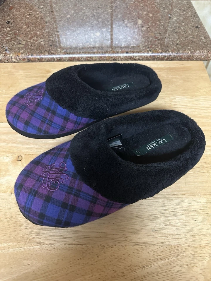 Lauren Ralph Lauren Women’s Purple Plaid Slippers, Casual Lounge Retreat, Sz Lg - Imagem 3 de 4