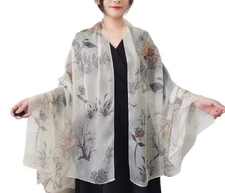 100% Silk large Scarf Women neckerchief Shawl Wrap floral beige gray MY206-8
