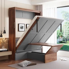 Full Size Murphy Bed with Foldable Desk – Space Saving Wall Bed - Walnut & Gray