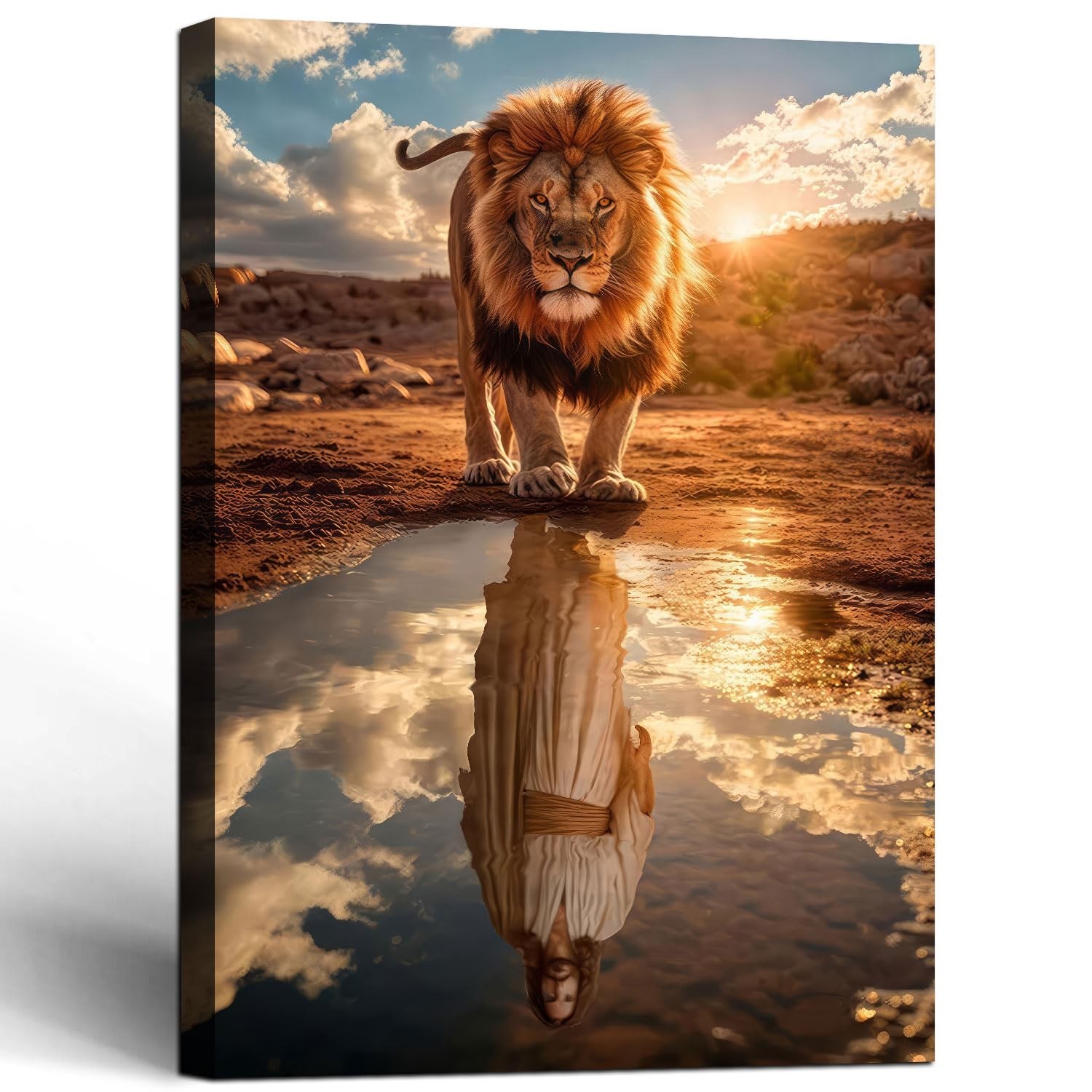 Framed Jesus Canvas Wall Art Lion and Jesus Reflection Wall Decor Picture Chr...