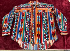 Vtg Frontier Series Shirt Teal Orange Aztec Western Southwest Rodeo Native Men L
