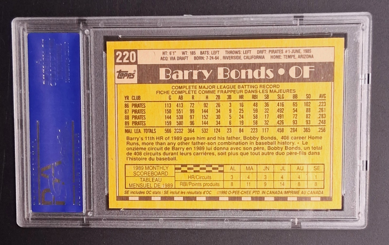1990 O-PEE-CHEE #220 BARRY BONDS PIRATES PSA 10 view 2