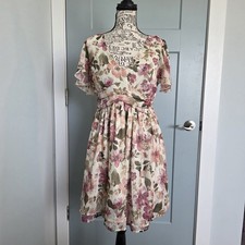 ​Just Found Floral Dress L Gold Pinstripe Cottagecore Flutter Sleeve V Neck Mini