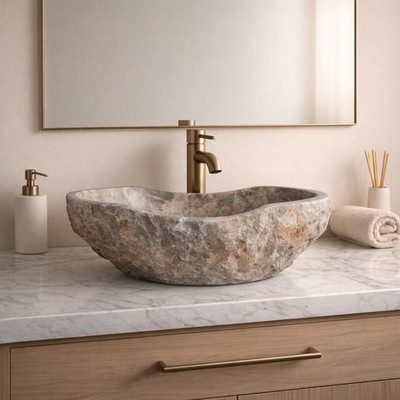 Fossil Gray Breccia Marble Vessel Sink with Unique Beige and Gold Patterns, H...
