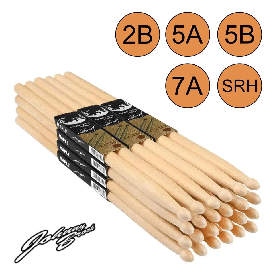 Pack of 12 Pair Johnny Brook Wooden Drum Sticks Maple 2B 5A 5B 7A SRH Wood Tip