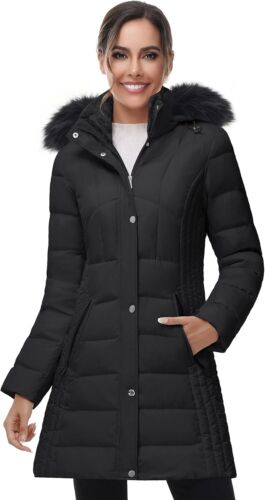 SLOW DOWN Women Winter Down Puffer Coat Warm Hooded Mid-Length Down Jacket for W