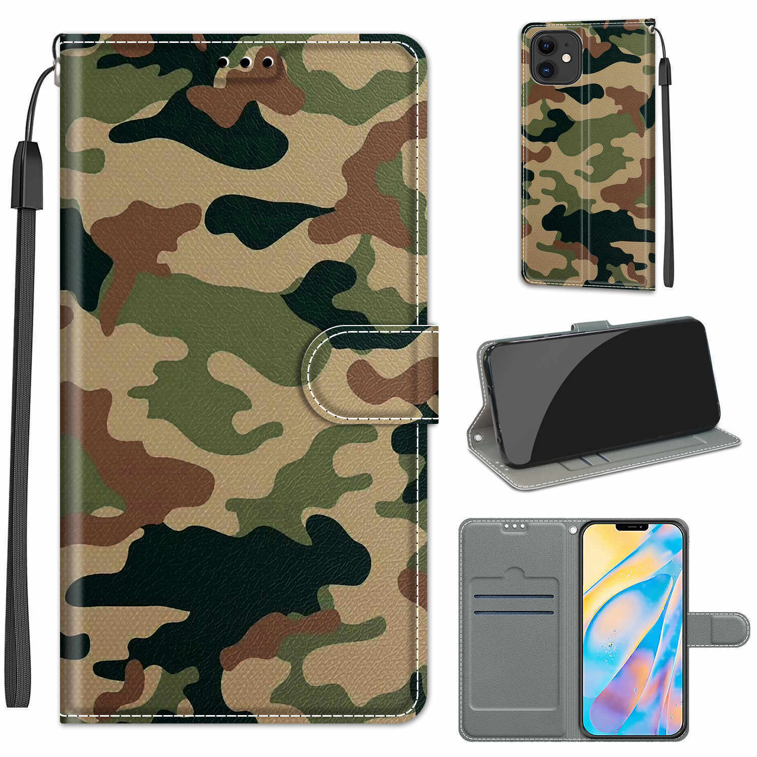 Army Camouflage Flip Wallet Phone Case For Huawei P30 P20 Honor P Smart Y5 Y6 Y7