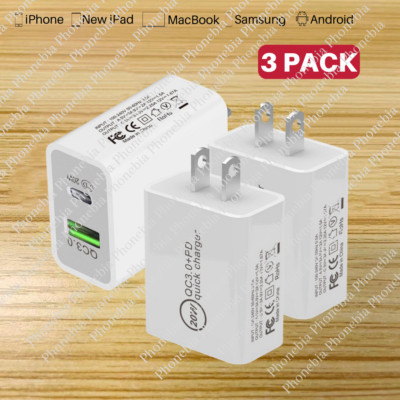 3Pack PD 20W USB-C Fast Wall Charger QC3.0 Power Adapter For iPhone iPad Samsung