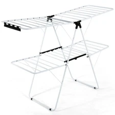 Costway Foldable 2-Level Steel Clothes Drying Rack w/ Height-Adjustable Gullwing