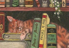 5x7 RYTA PRINT OF PAINTING BENGAL TABBY CAT FOLK ART WHIMSICAL LIBRARY OWL KITTY
