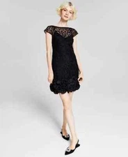 $188 GUESS Floral-Lace Ruffled-Hem Sheath, Black, Size- 0