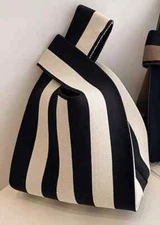 Knit Wristlet Or Handle Pouch Bag Purse  Lightweight Foldable Black / White  New