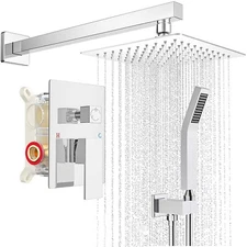 Shower Faucet Set System Chrome 8" Rainfall Shower Head Combo w/ Mixer Valve Kit