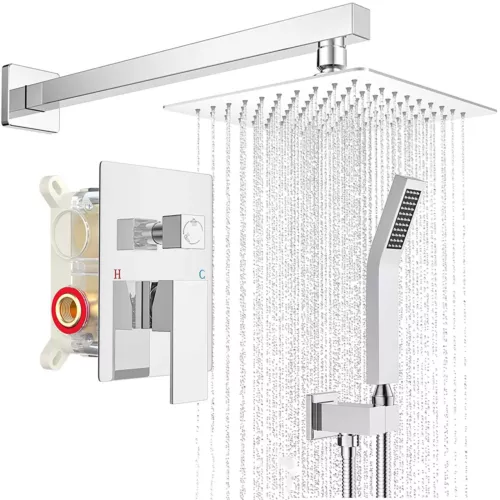 Shower Faucet Set System Chrome 8" Rainfall Shower Head Combo w/ Mixer Valve Kit