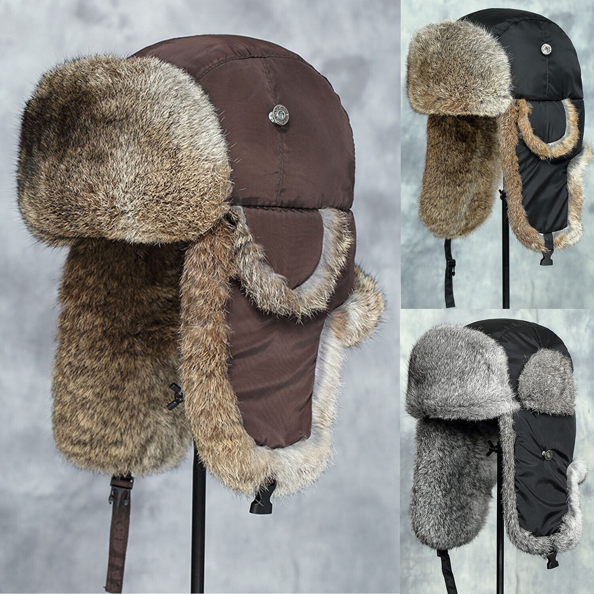 Men Winter Genuine Rabbit Fur Trapper Hats Russian Ushanka Warm Earflap Ski  Caps