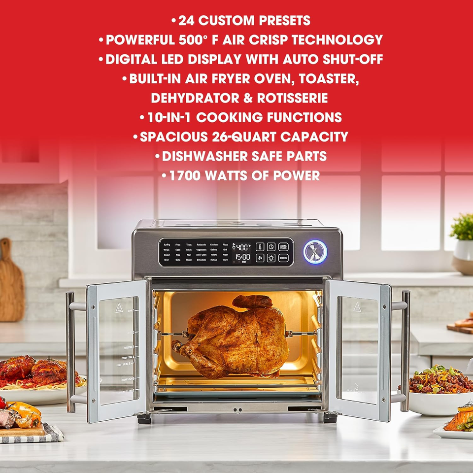26 QT Extra Large Air Fryer, Convection Toaster Oven with French Doors