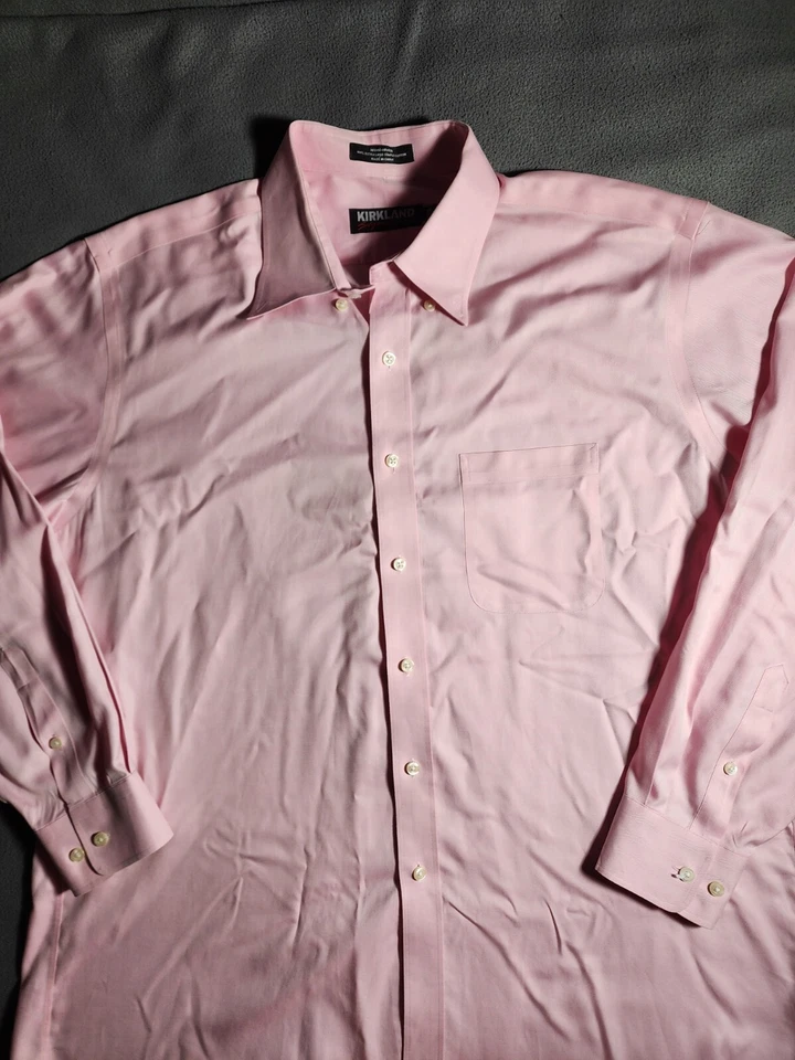 Kirkland Signature Shirt Mens Size 17 Pink Button Up Long Sleeve Collar Non Iron - Image 2 of 4