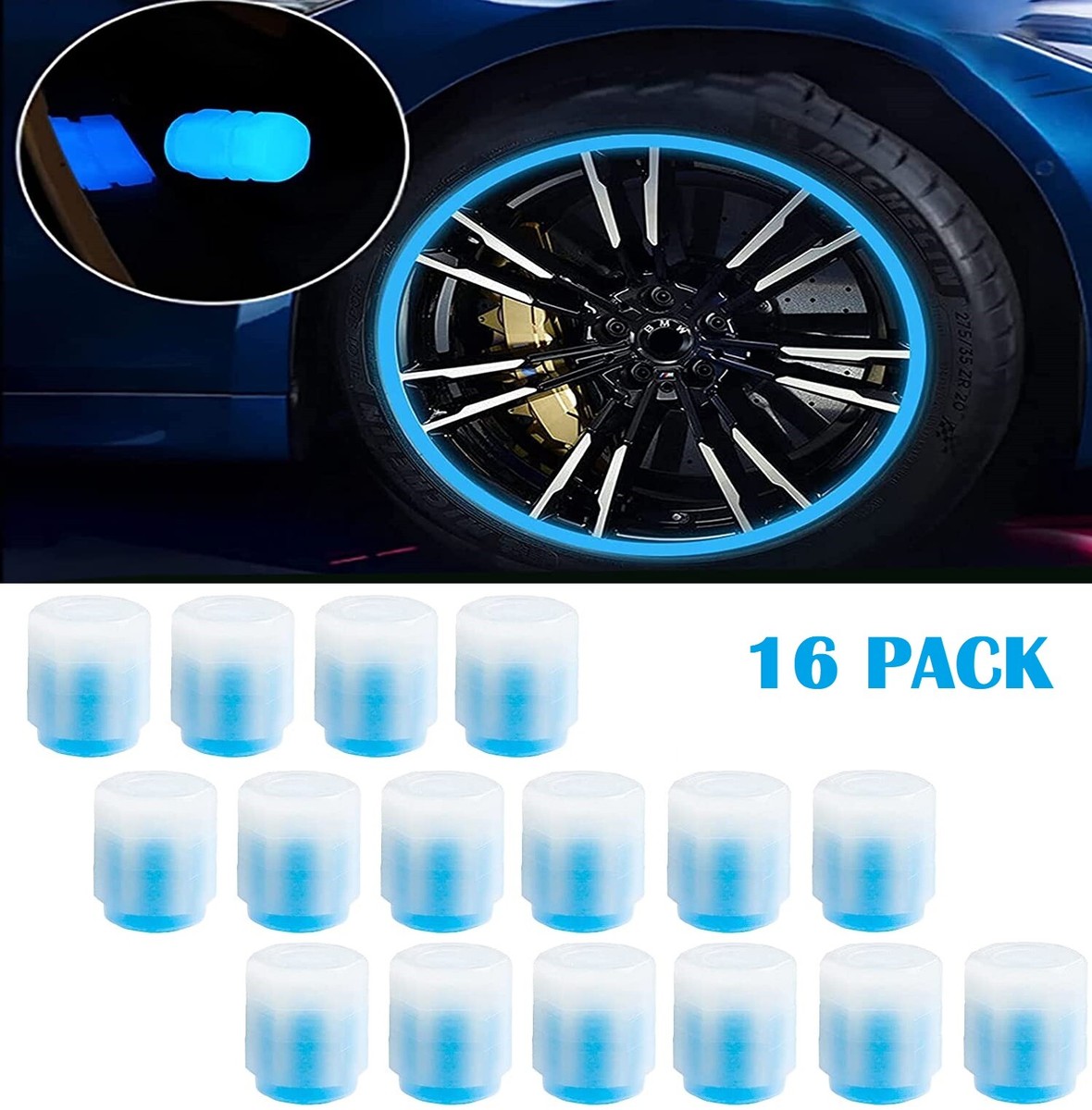 16× Blue Fluorescent Car Tire Valve Caps Luminous Universal 16× Blue Fluorescent Car Tire Valve Caps Luminous Universal