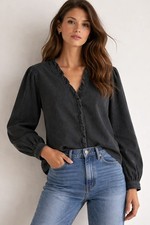 HUSH Women's Black Washed Cotton Oversized Top Long Sleeve Denim Shirt