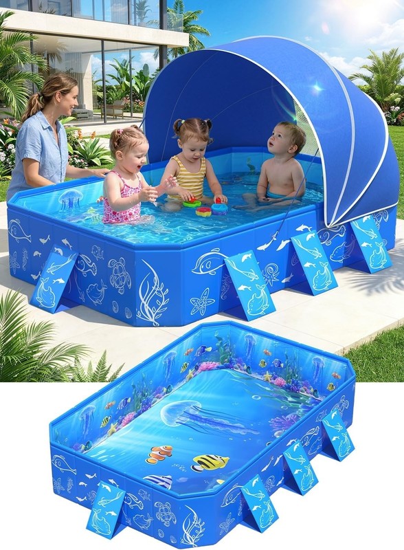 Kiddie Pool with Canopy,Baby Swimming Pool for Toddler,Non-Inflatable Pool