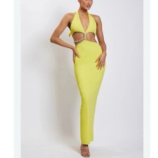 NEW Meshki Size Medium Nicha Yellow Diamanté Cut Out Midi Dress Formal Party