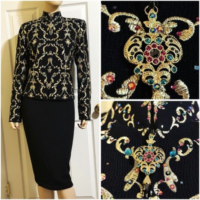 Stunning St John Knit Skirt & Jacket Suit w Colored Rhinestones & Sparkles sz 12