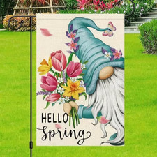 "New" - "Hello Spring" Gnome, Two-Sided Burlap Type Outdoor Garden/Yard Flag