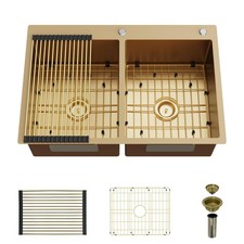 Gold 50/50 Double Bowl Kitchen Sink, 33"x 22" Stainless Steel Drop In Kitchen...