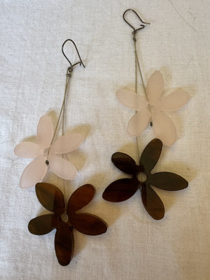 Italian artisan made pink brown flower power earrings wire plastic 3.75'' long