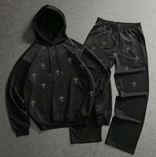 New Men Luxury Diamond Cross Rhinestone Set Black Hoodie&Pants Suit High Quality